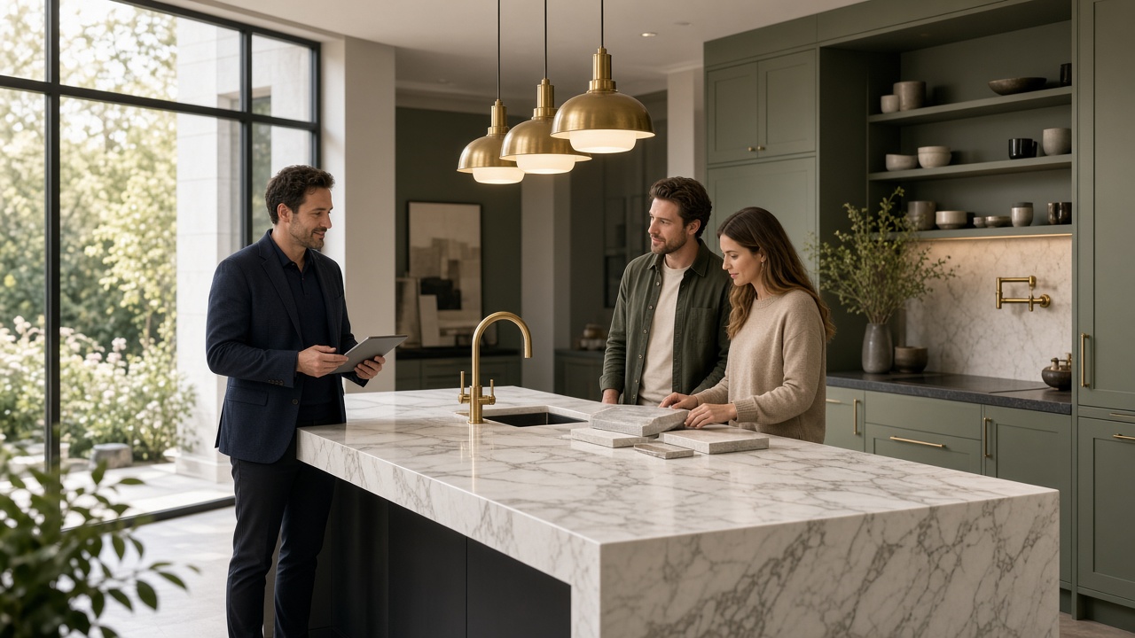 A Kitchen Worktops Direct specialist discussing a kitchen project in confidence