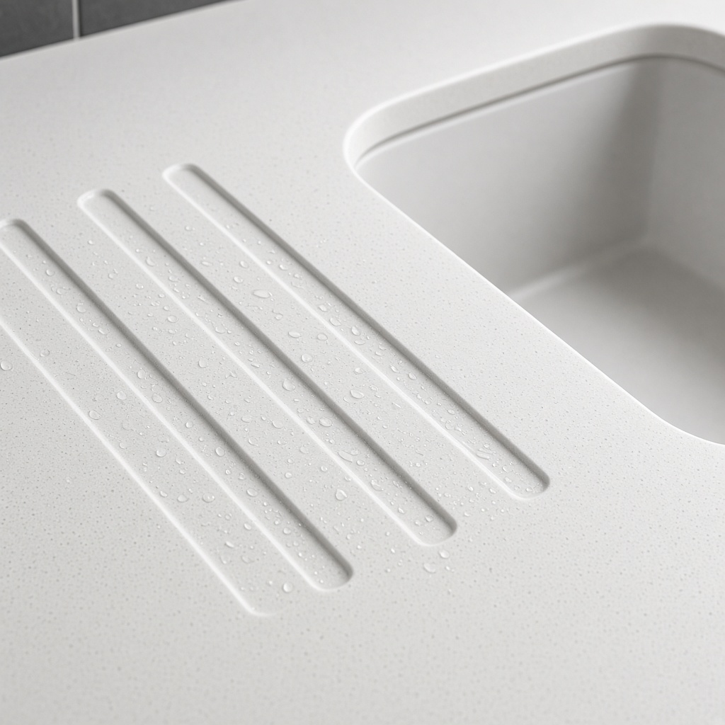 Machined drainer grooves running into a kitchen sink
