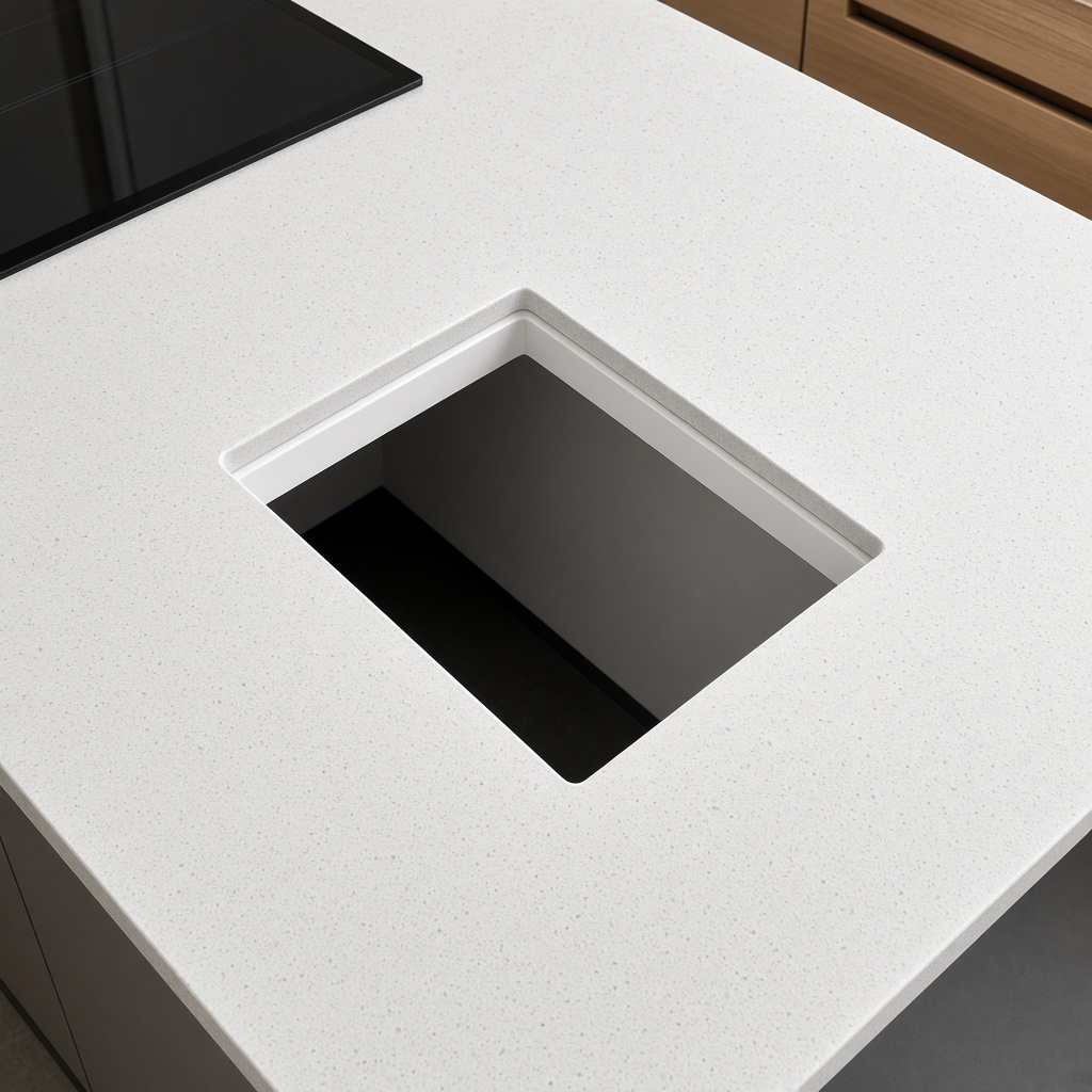 Hob cut-out in a kitchen worktop with induction hob