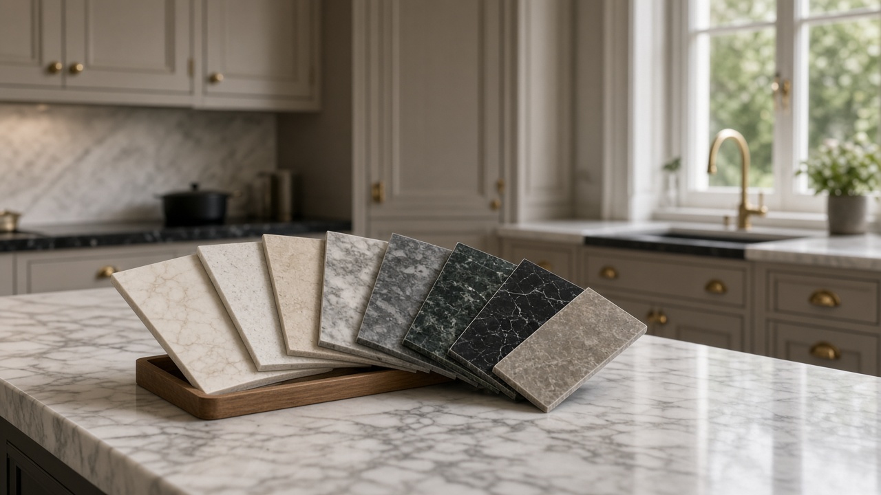 Worktop sample boards on a kitchen island