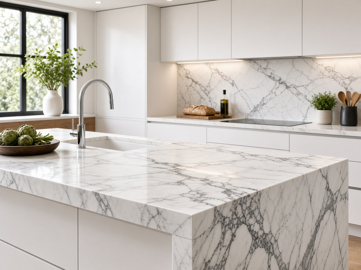 White marble-effect kitchen worktop on a modern UK island